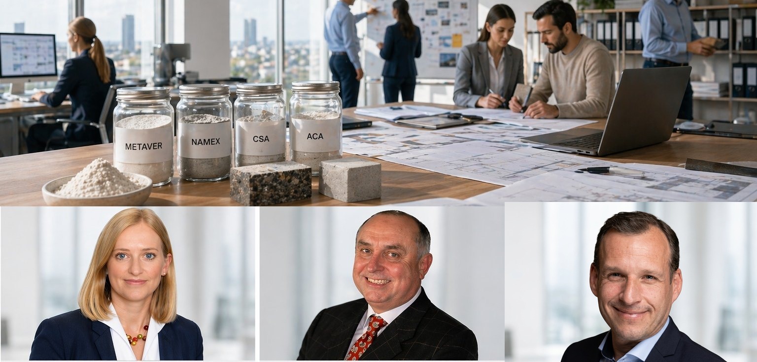 El equipo directivo de Newchem GmbH en una oficina moderna con muestras de producto Metaver, Namex, CSA y ACA